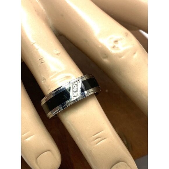 Men's Wedding Band Diamond Black Silver Tungsten Carbide 8mm Ring Size 9.75 - Picture 6 of 14